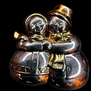 Best Snowman Couple Brooch Pendant Vintage Two Toned Silver & Gold Signed 2”